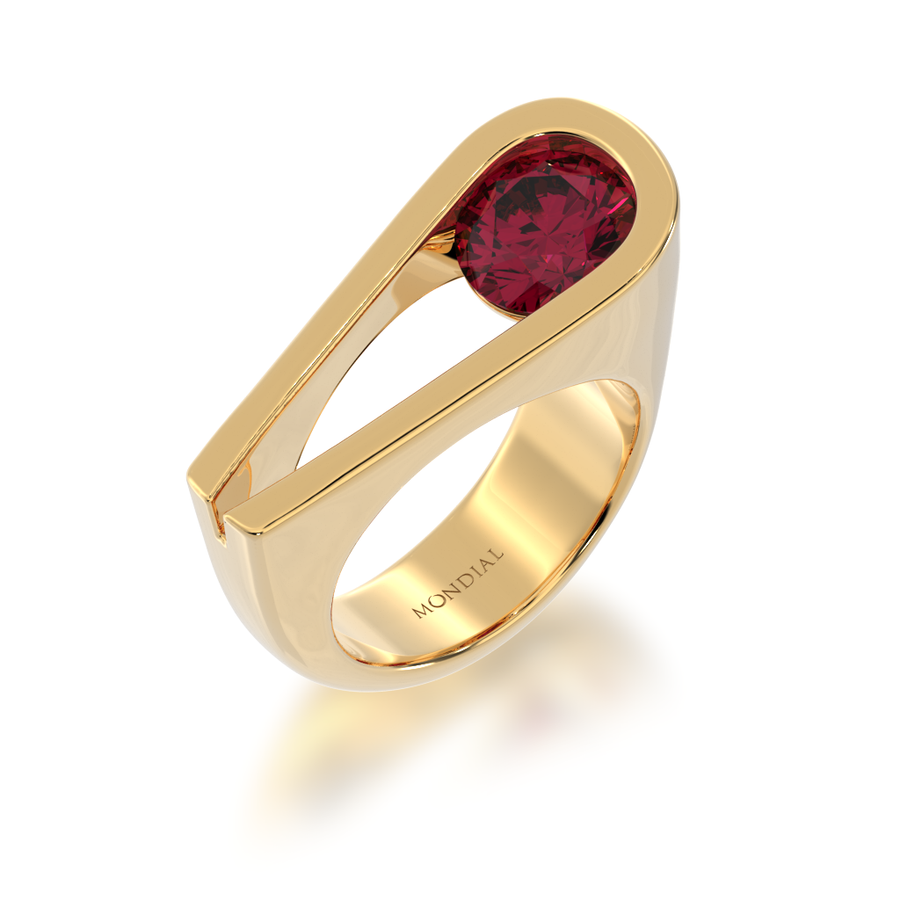 Retro design round brilliant cut ruby ring in yellow gold view from angle