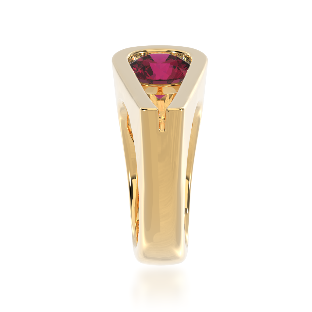 Retro design round brilliant cut ruby ring in yellow gold view from side 