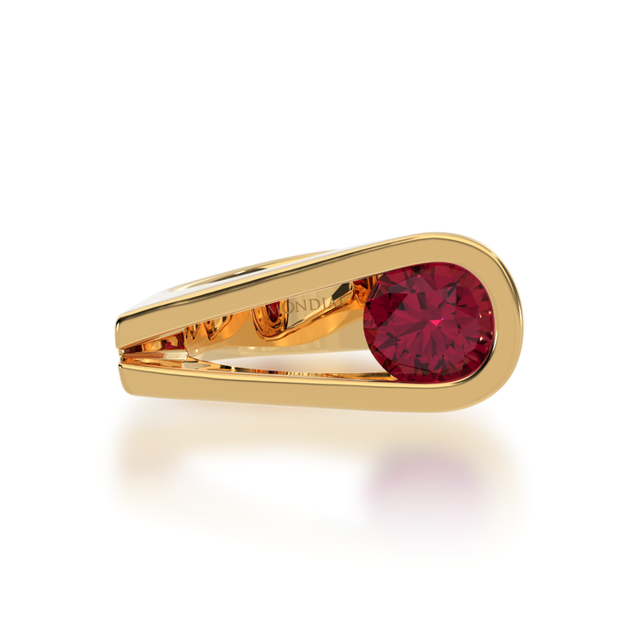 Retro design round brilliant cut ruby ring in yellow gold view from top