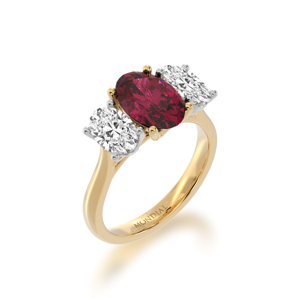  Trilogy oval cut ruby and diamond ring on yellow gold band  view from angle 