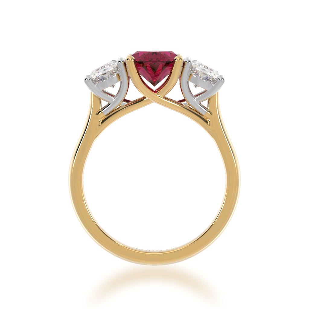  Trilogy oval cut ruby and diamond ring on yellow gold band view from front