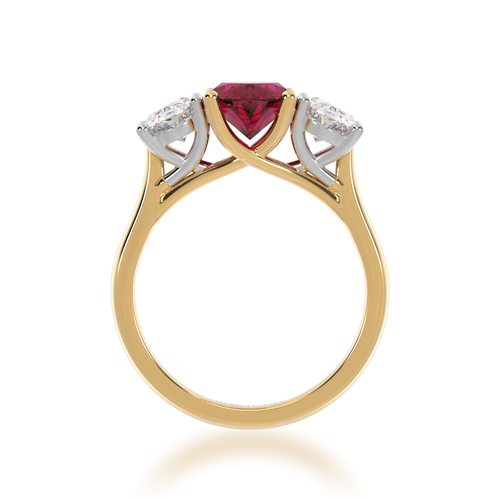  Trilogy oval cut ruby and diamond ring on yellow gold band view from front.