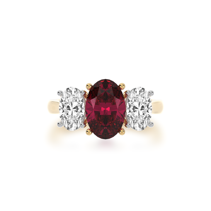 Trilogy oval ruby and diamond ring on yellow band from top