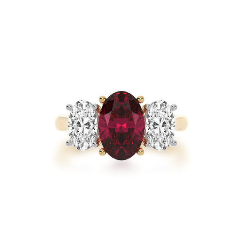 The Mondial by Nadia Trilogy oval diamond ring with a ruby on yellow band from top.