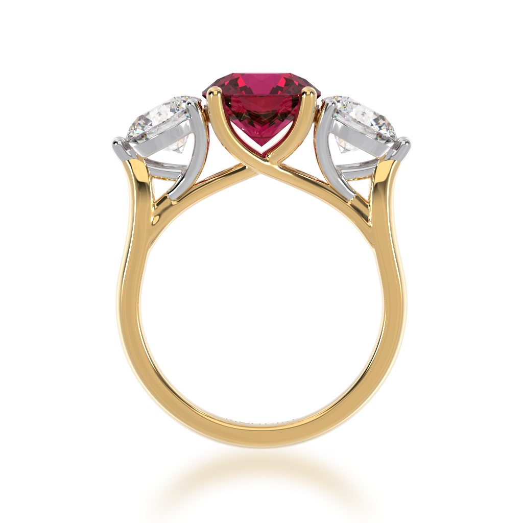 Trilogy round brilliant cut ruby and diamond ring on yellow gold band view from front 