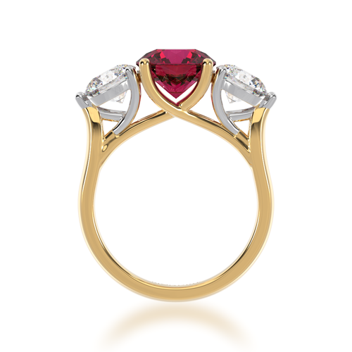 Trilogy round brilliant cut ruby and diamond ring on yellow gold band view from front 