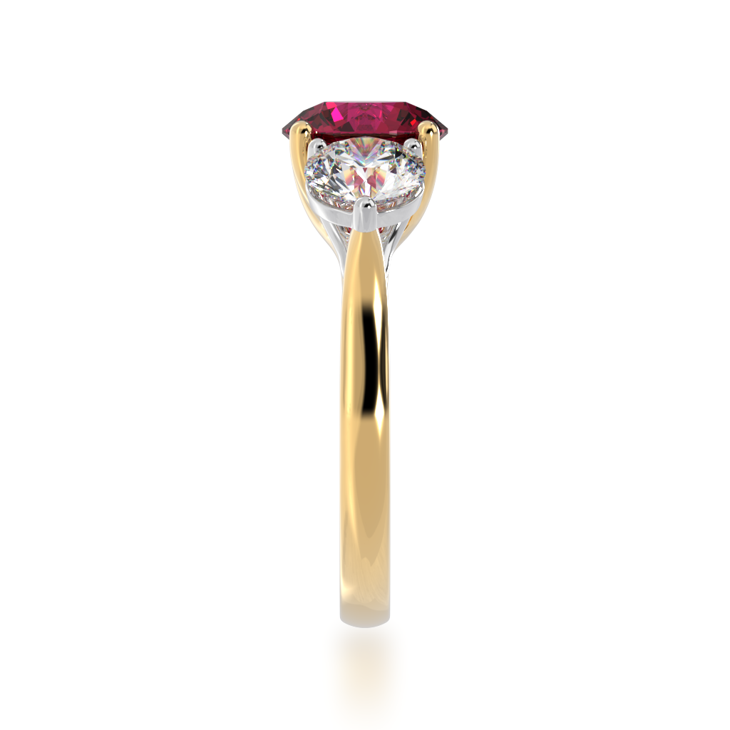 Trilogy round brilliant cut ruby and diamond ring on yellow gold band view from side 