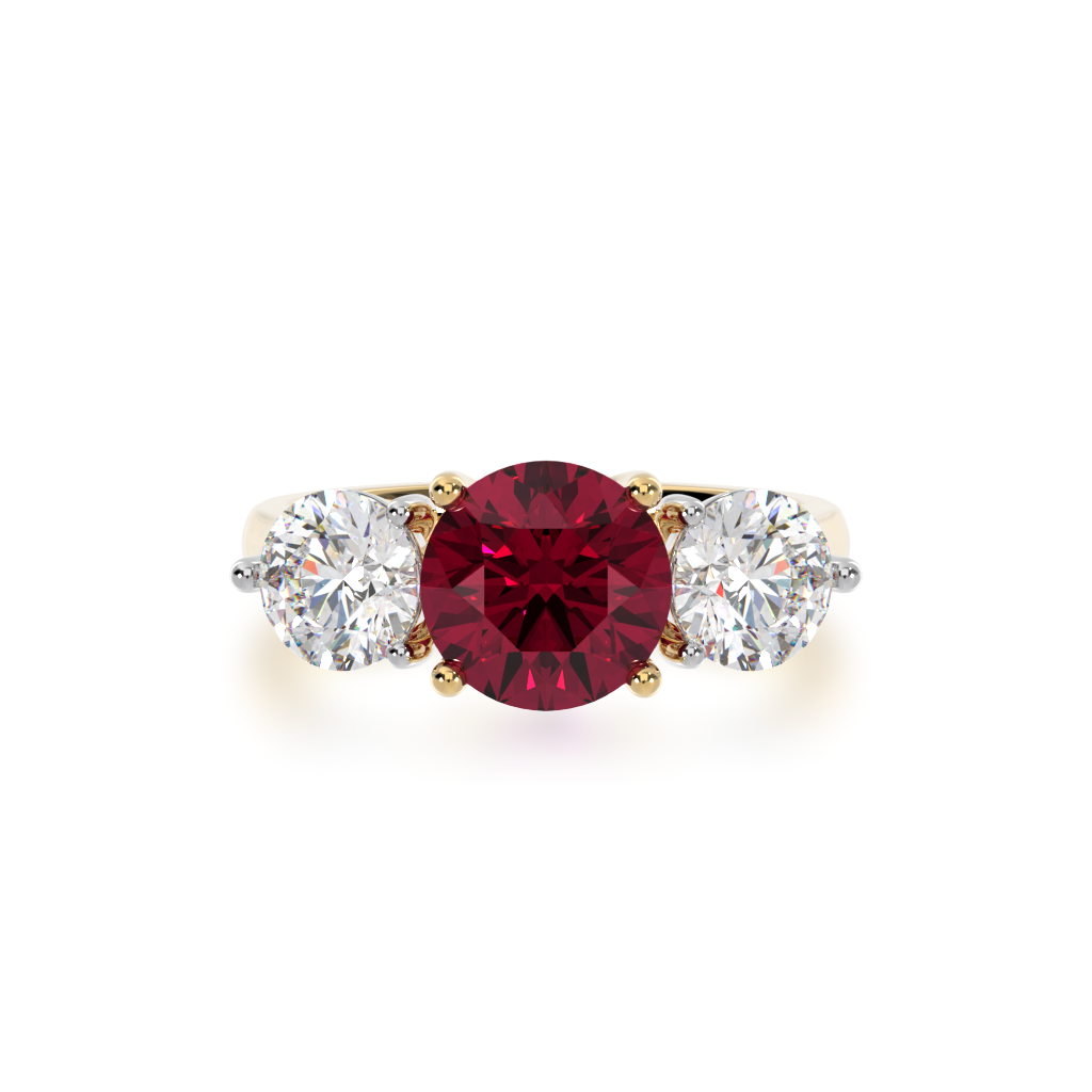 Ruby and Diamond trilogy ring in yellow gold from top