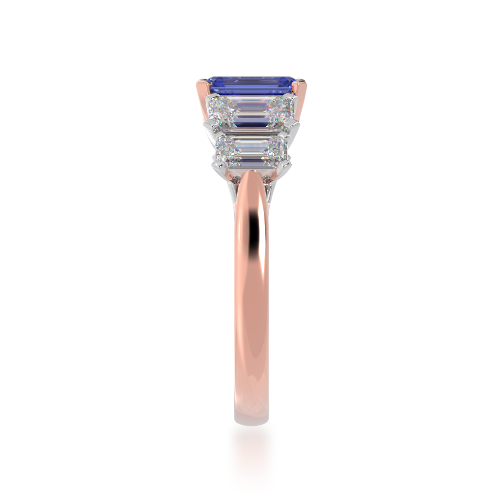5 stone Emerald cut Blue Sapphire and diamond ring from side view