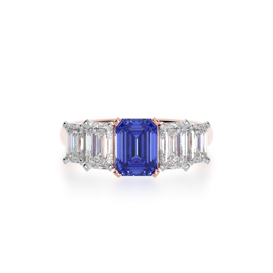 5 stone Emerald cut Blue Sapphire and diamond ring view from top
