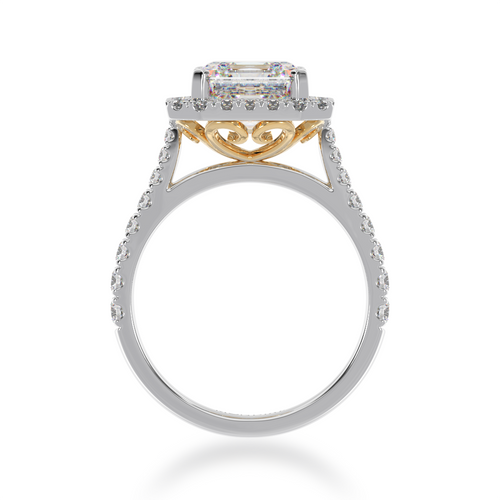 Asscher cut diamond halo engagement ring with diamond set band