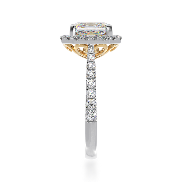 Asscher cut diamond halo engagement ring with diamond set band