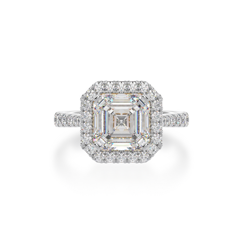 Asscher cut diamond halo engagement ring with diamond set band