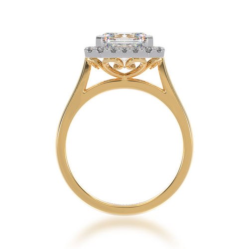 Asscher cut diamond halo engagement ring on a yellow band