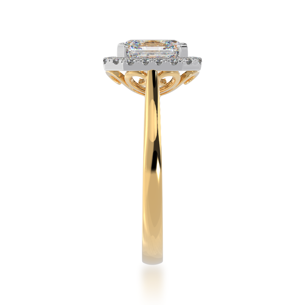 Asscher cut diamond halo engagement ring on a yellow band