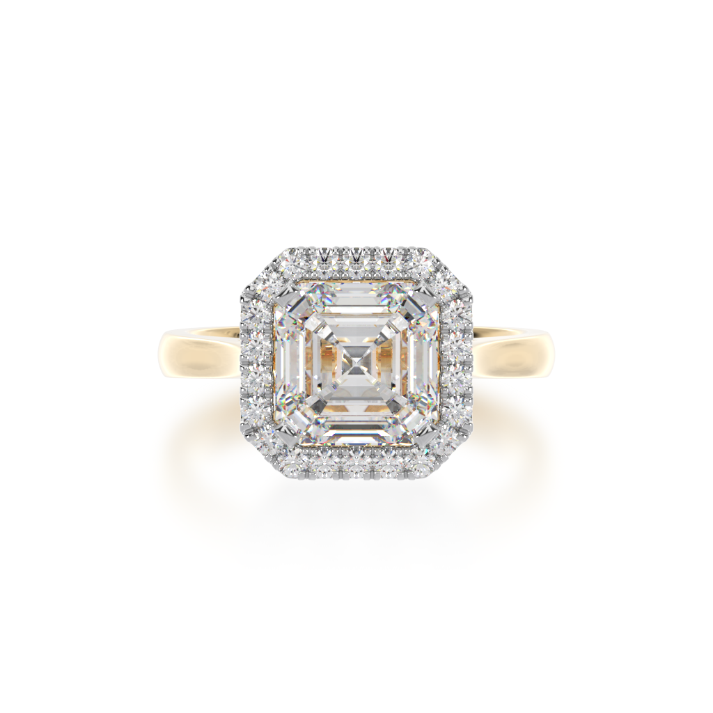 Asscher cut diamond halo engagement ring on a yellow band