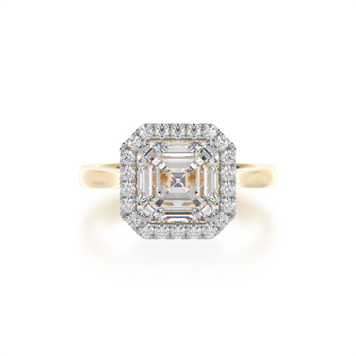 Asscher cut diamond halo engagement ring on a yellow band