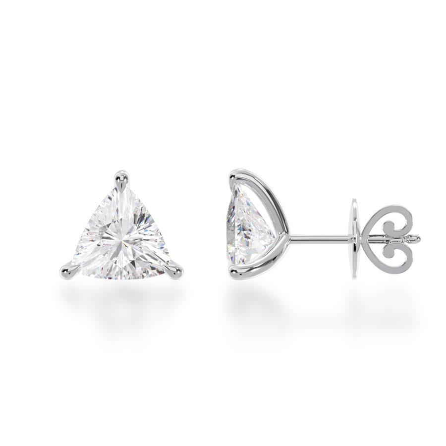 Claw set trilliant cut diamond stud earrings view from side 