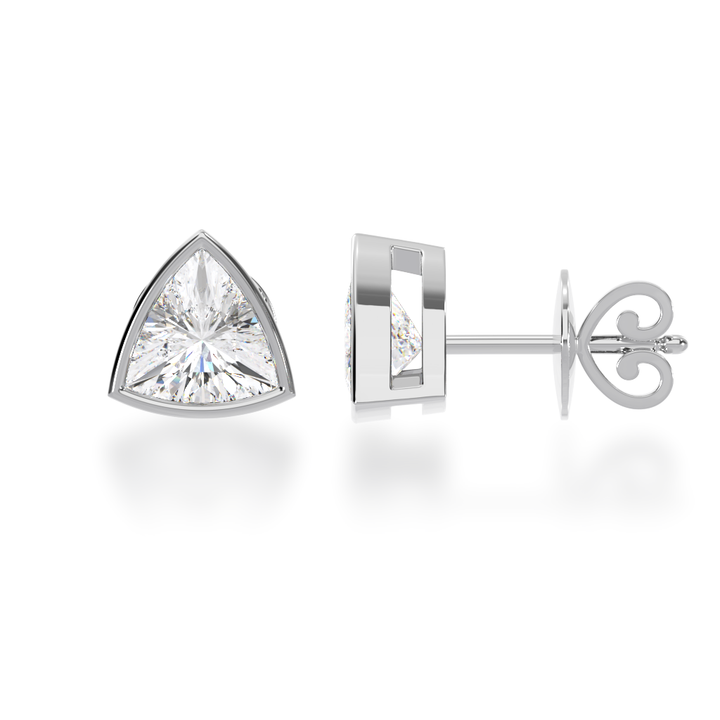 Bezel set trilliant cut diamond stud earrings view from side