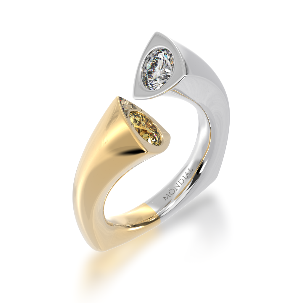 Devotion design round brilliant cut yellow sapphire and diamond ring in yellow and white gold view from angle 