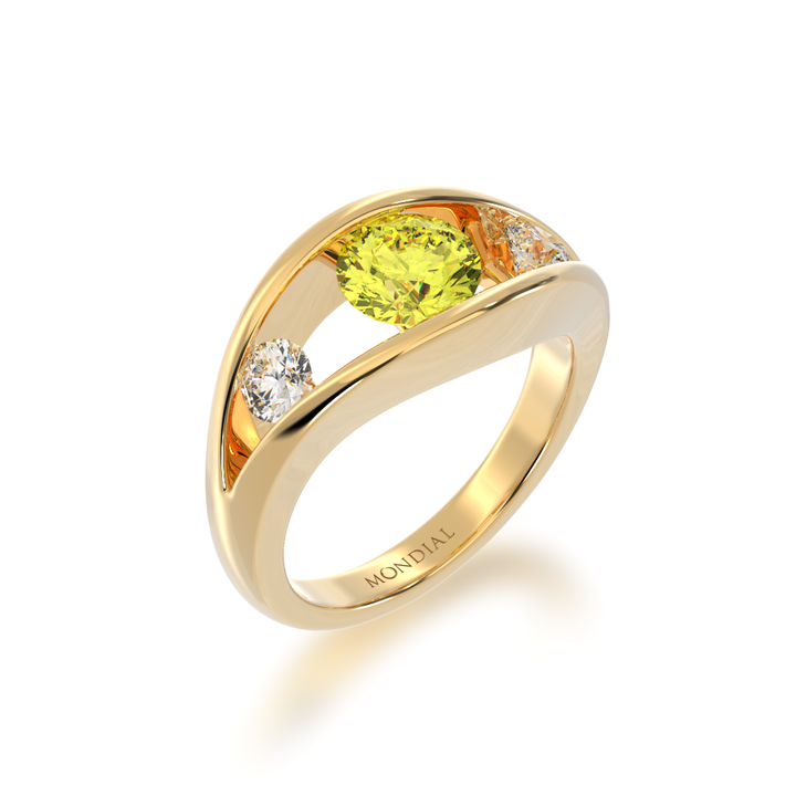 Flame design round brilliant cut yellow sapphire and diamond ring in yellow gold view from angle 
