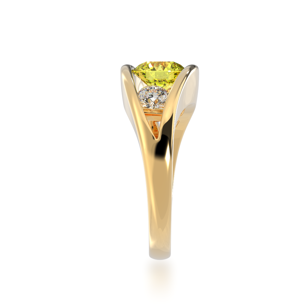 Flame design round brilliant cut yellow sapphire and diamond ring in yellow gold view from side 