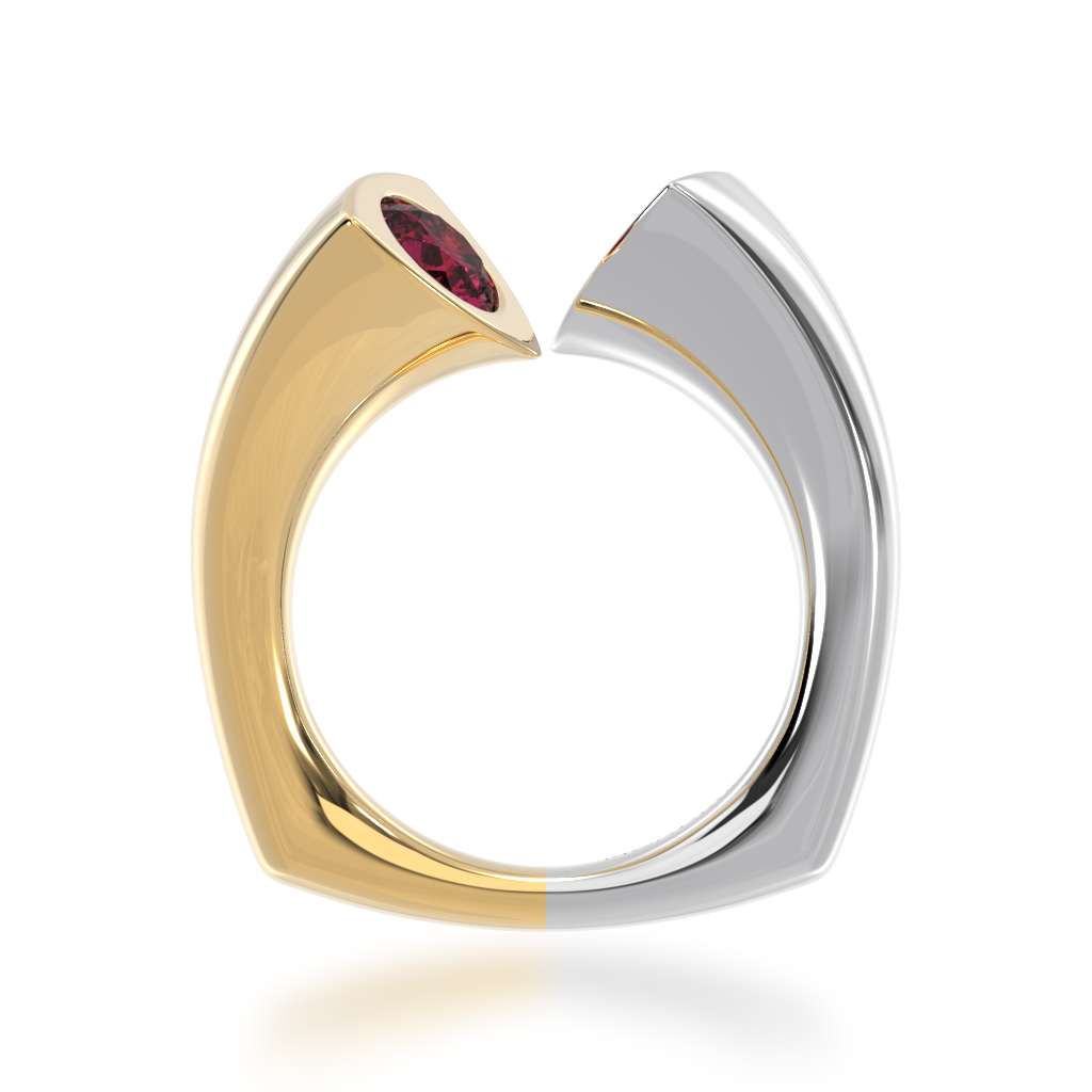 Devotion design round brilliant cut ruby and diamond ring in yellow and white gold view from front