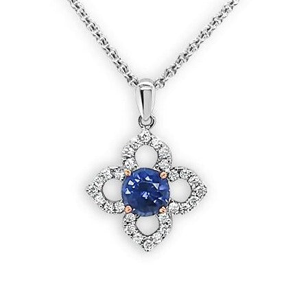 Round brilliant cut ceylon sapphire diamond halo pendant 