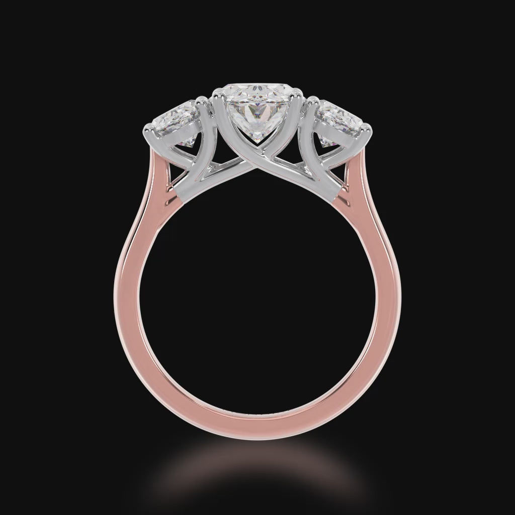 Trilogy oval cut diamond ring on rose gold band 3d video