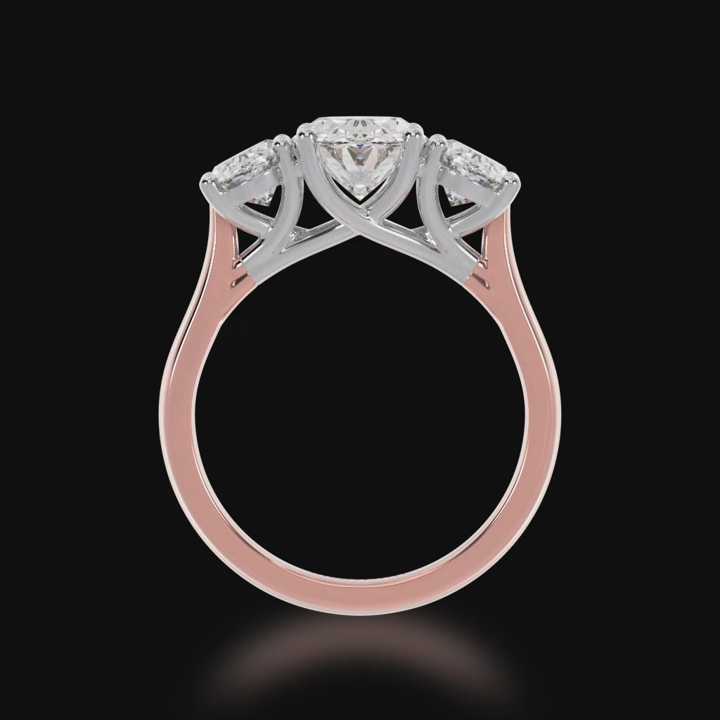 Trilogy oval cut diamond ring on rose gold band 3d video.