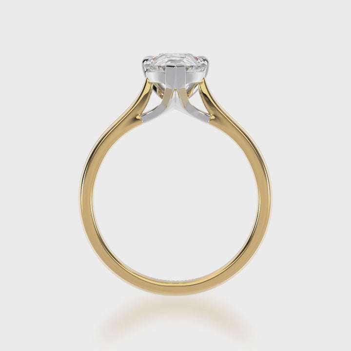Pear shaped diamond solitaire ring on yellow gold band 3d video