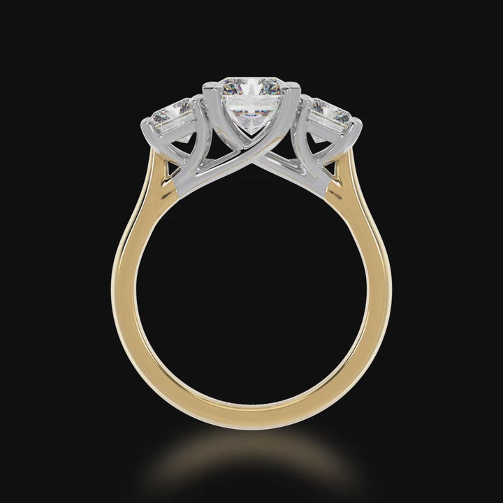 Trilogy radiant cut diamond ring on yellow gold band 3d video