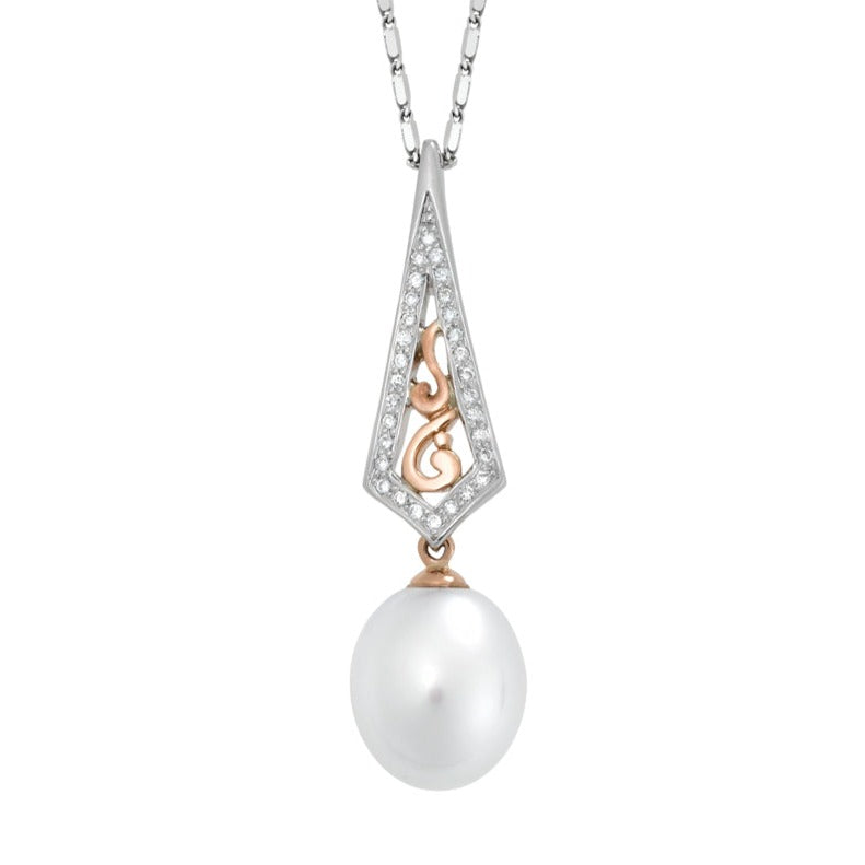 Willow design pearl and diamond pendant view from front 