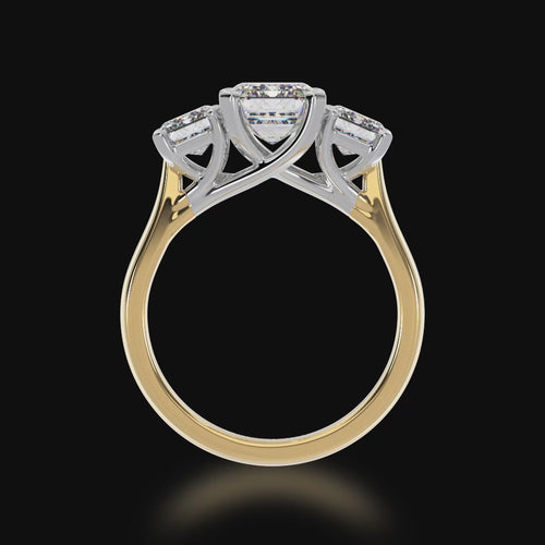 Trilogy emerald cut diamond ring on yellow gold band 3d video