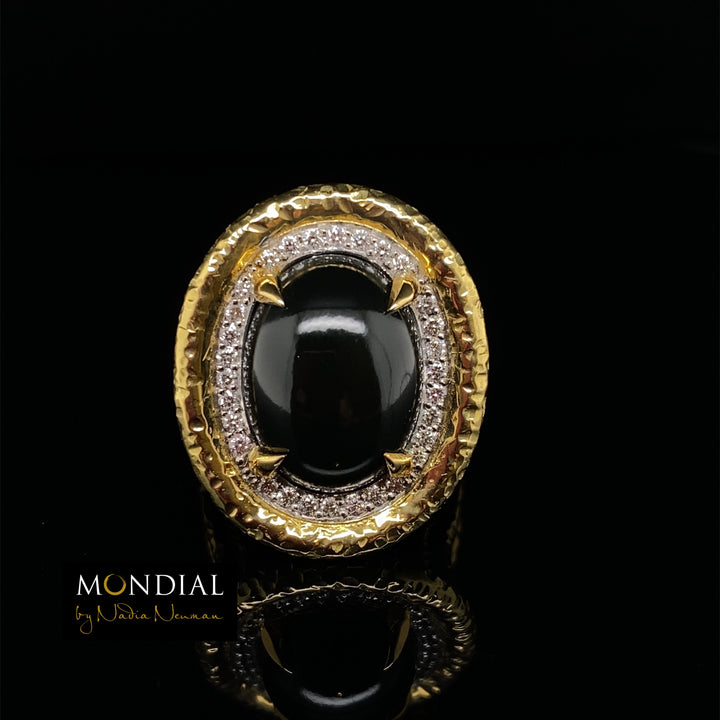 Oval cut cabochon black Jade diamond halo ring on yellow gold band