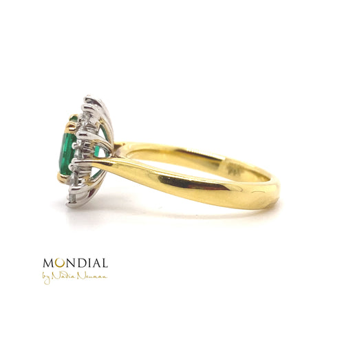 Square cut emerald diamond halo ring on yellow gold band