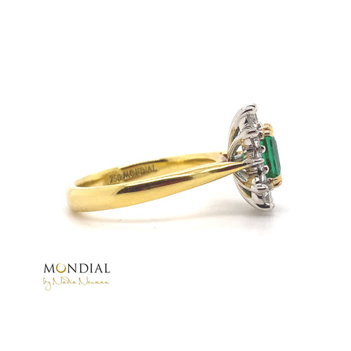 Square cut emerald diamond halo ring on yellow gold band