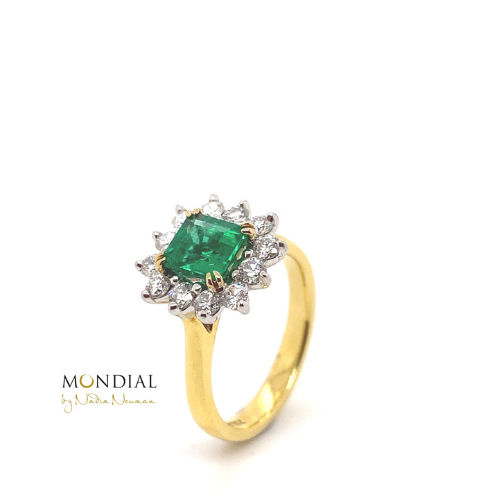 Square cut emerald diamond halo ring on yellow gold band