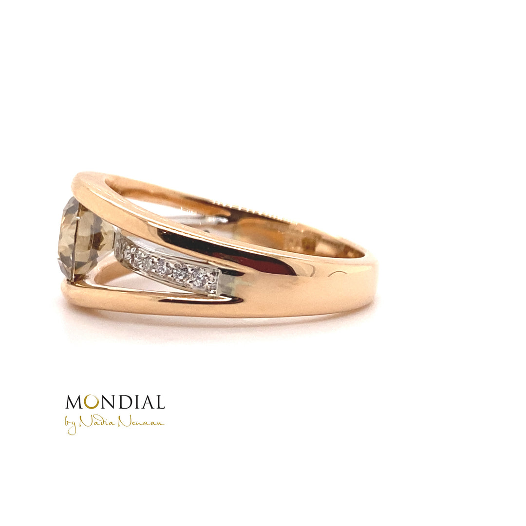 Ice storm design round brilliant cut Argyle champagne diamond ring on rose gold band
