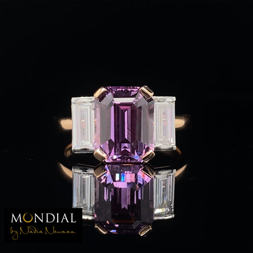 Trilogy emerald cut purple sapphire and diamond ring on rose gold band