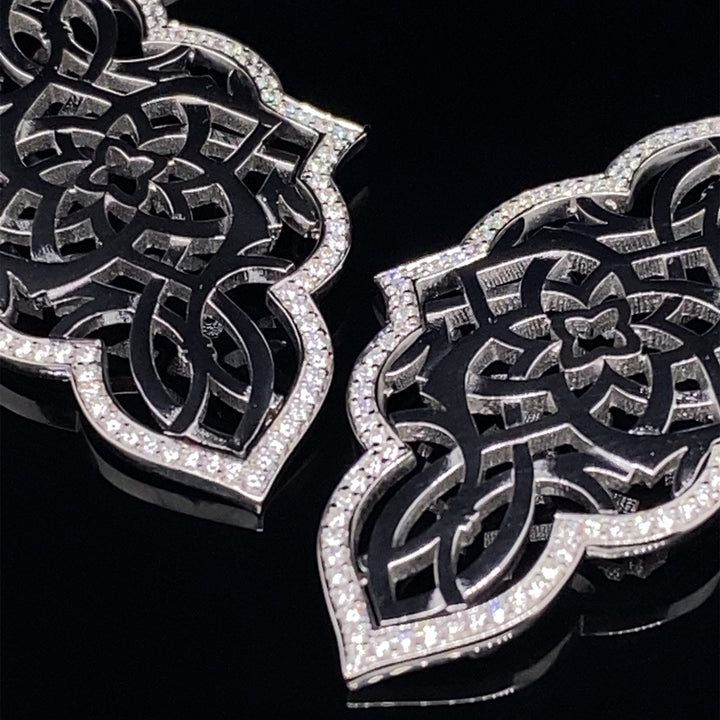 Mandala mosaic diamond design earrings close up view