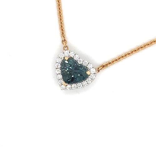 Heart Shaped Teal Coloured Sapphire and Diamond Pendant