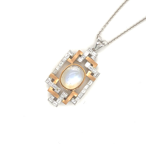 Moon stone and baguette diamond pendant