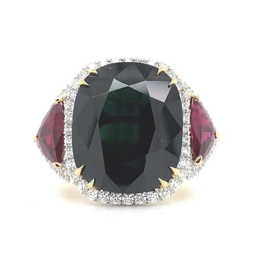 Trilogy cushion cut black sapphire and ruby ring on rose gold band