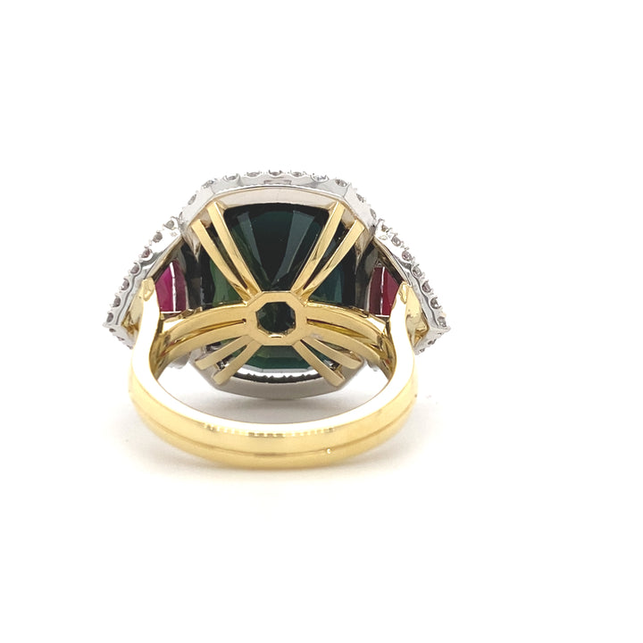 Trilogy cushion cut black sapphire and ruby ring on rose gold band
