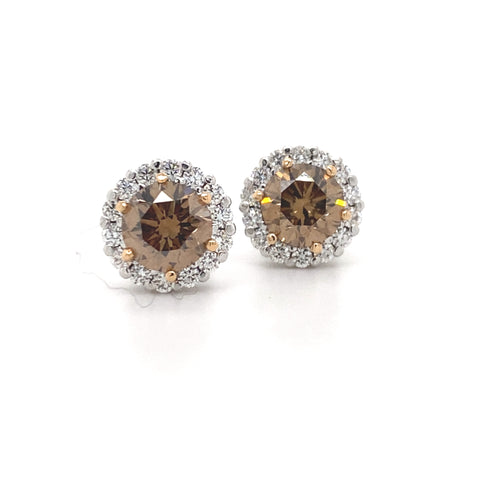 Argyle Cognac and White diamond Halo Design Stud Earrings