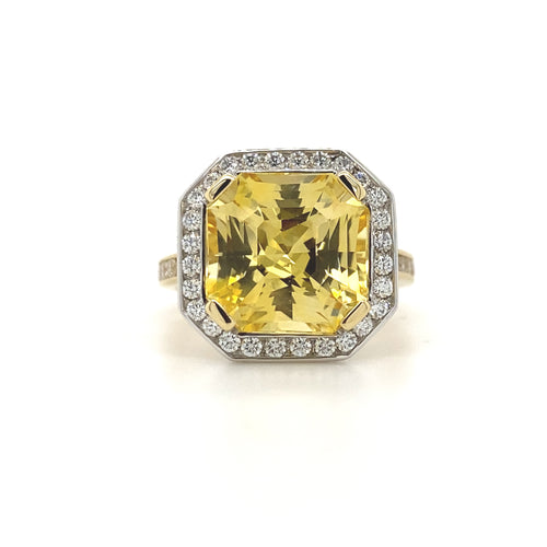 Square cut yellow sapphire diamond halo ring with diamond set band