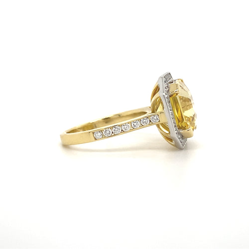 Square cut yellow sapphire diamond halo ring with diamond set band