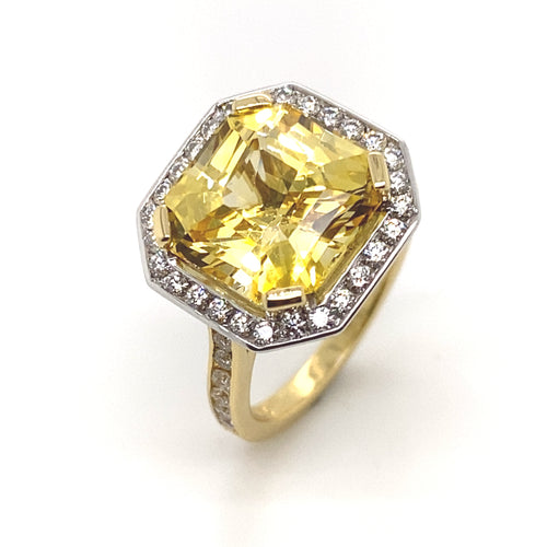 Square cut yellow sapphire diamond halo ring with diamond set band