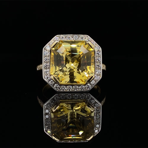 Square cut yellow sapphire diamond halo ring with diamond set band